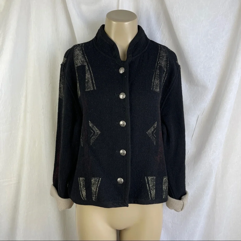 🚫SOLD🚫 Chico’s Southwestern Black Red Aztec Print Buffalo Nickel Buttons Wool - Picture 2 of 16